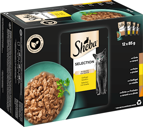 Nassfutter Katze, Huhn, Ente & Truthahn, Selection in Sauce - Geflügel Variation, Multipack (12x85 g) Sheba