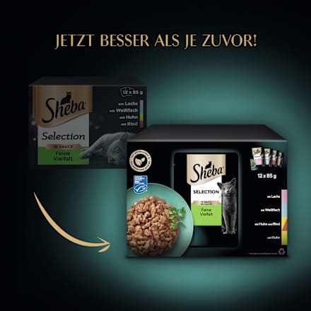 Nassfutter Katze, Huhn, Rind, Lachs & Weißfisch, Selection in Sauce - feine Vielfalt, Multipack (12x85 g) Sheba