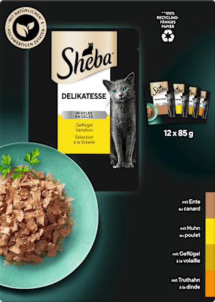 Nassfutter Katze, Delikatesse in Gelee - Geflügel Variation, Multipack (12x85 g) Sheba