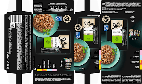 Nassfutter Katze, Huhn, Rind, Lachs & Weißfisch, Selection in Sauce - feine Vielfalt, Multipack (12x85 g) Sheba