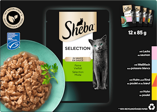 Nassfutter Katze, Huhn, Rind, Lachs & Weißfisch, Selection in Sauce - feine Vielfalt, Multipack (12x85 g) Sheba