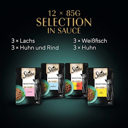 Nassfutter Katze, Huhn, Rind, Lachs & Weißfisch, Selection in Sauce - feine Vielfalt, Multipack (12x85 g) Sheba