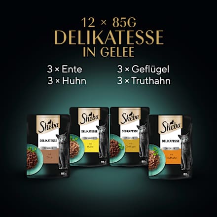Nassfutter Katze, Delikatesse in Gelee - Geflügel Variation, Multipack (12x85 g) Sheba