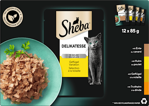 Nassfutter Katze, Delikatesse in Gelee - Geflügel Variation, Multipack (12x85 g) Sheba