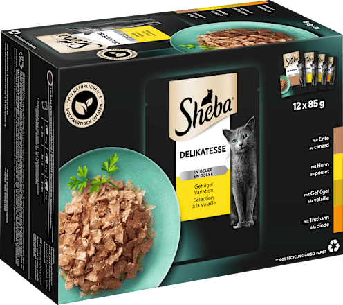 Nassfutter Katze, Delikatesse in Gelee - Geflügel Variation, Multipack (12x85 g) Sheba