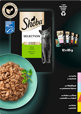 Nassfutter Katze, Huhn, Rind, Lachs & Weißfisch, Selection in Sauce - feine Vielfalt, Multipack (12x85 g) Sheba