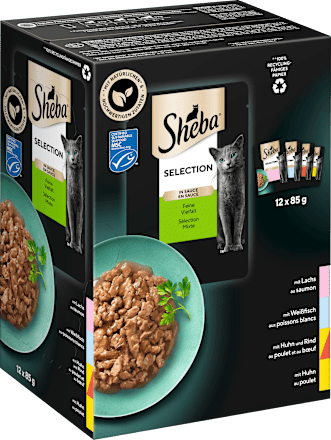 Nassfutter Katze, Huhn, Rind, Lachs & Weißfisch, Selection in Sauce - feine Vielfalt, Multipack (12x85 g) Sheba