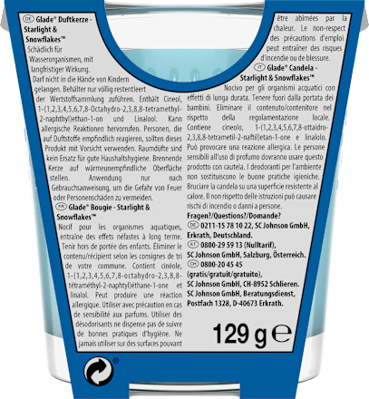 Duftkerze im Glas Starlight & Snowflakes 129g glade