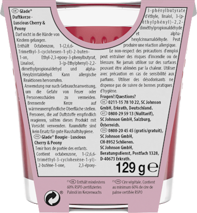 Duftkerze im Glas Luscious Cherry & Peony 129g glade