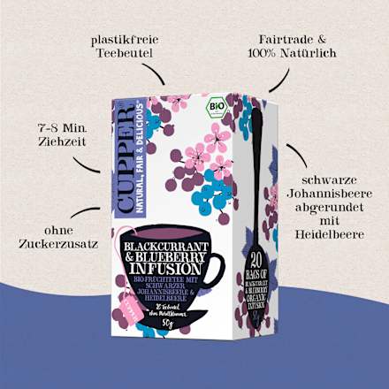 Früchtetee schwarze Johannisbeere, Heidelbeere (20 Beutel) Cupper