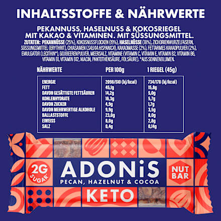 Nussriegel Low-Sugar Pekanuss, Kakao & Goji-Beere ADONIS