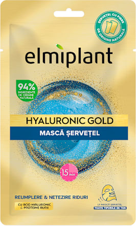 Mască șervețel pentru față cu acid hialuronic și proteine aurii Elmiplant
