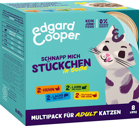 Nassfutter Katze mit Huhn, Lachs, Lamm & Truthahn in Soße, Multipack (8x85 g) Edgard & Cooper