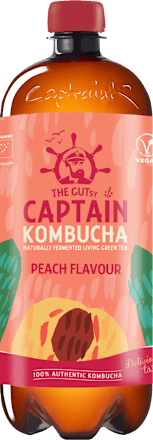 Jemne perlivý fermentovaný nápoj zo zeleného čaju Peach THE GUTSY CAPTAIN company