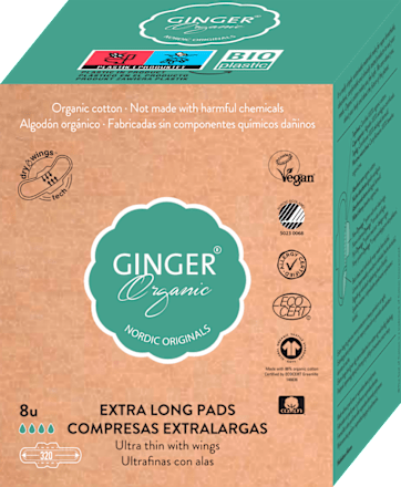 Organické hygienické vložky Extra lang s krídelkami Ginger Organic