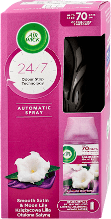 Komplet automatycznego odświeżacza powietrza Księżycowa Lilia Otulona Satyną  AIR WICK