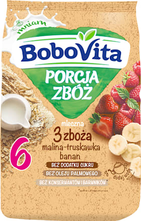 Kaszka mleczna 3 zboża malina truskawka banan po 6 miesiącu Porcja Zbóż Bobovita