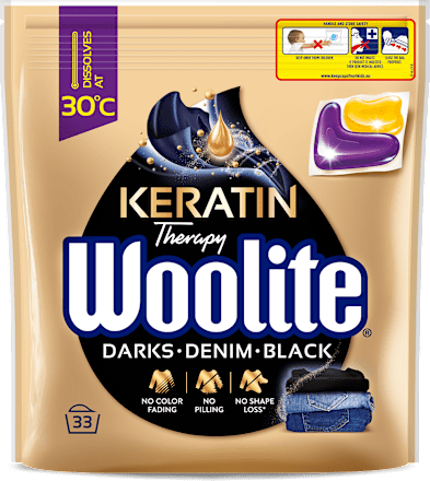 Żelowe kapsułki do prania z keratyną czerń, ciemne kolory i jeans  Woolite