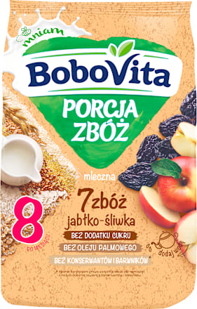 Kaszka mleczna jabłko - śliwka po 8 miesiącu Porcja Zbóż Bobovita