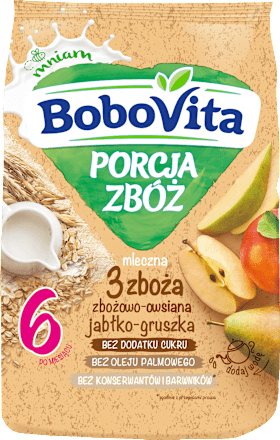 Kaszka mleczna 4 zboża jabłkowo - gruszkowa, po 6 miesiącu Bobovita
