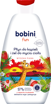 Płyn do kąpieli i żel do mycia o zapachu truskawek Wysoka Piana  bobini fun