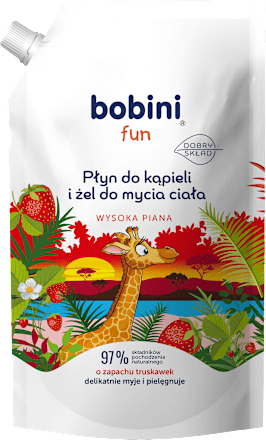 Płyn do kąpieli i żel do mycia o zapachu truskawek Wysoka Piana refill  bobini fun