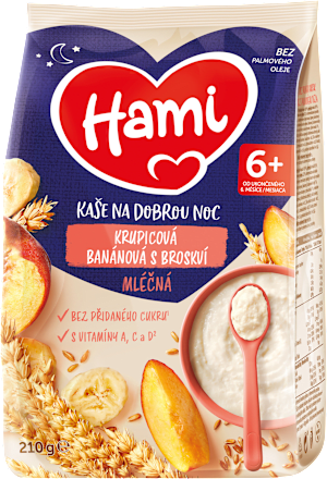 Mliečna kaša krupicová banánová s broskyňou na dobrú noc Hami