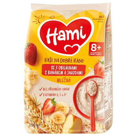 Mliečna kaša so 7 obilninami s banánom a jahodami Hami