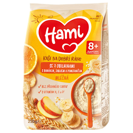 Mliečna kaša so 7 obilninami s jablkom, banánom a pomarančom Hami