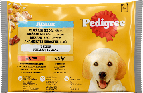 JUNIOR MEŠANI IZBOR sa pirinčem kompletna vlažna hrana za štence - govedina i piletina, 4x100g Pedigree
