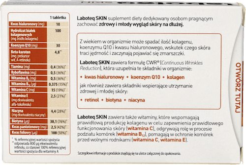 Suplement diety pomagajacy zachować młody i zdrowy wygląd skóry, tabletki LABOTEQ