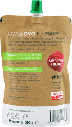 Mus BIO jabłkowo-malinowy OWOLOVO