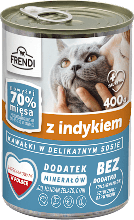 Mokra karma dla kota, kawałki w sosie z indykiem, puszka FRENDI