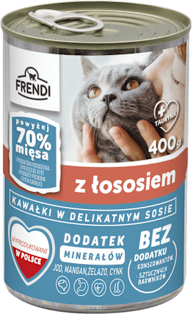 Mokra karma dla kota, kawałki w sosie z łososiem, puszka FRENDI