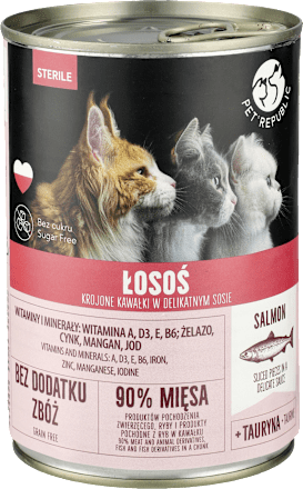Mokra karma dla kota Steril, kawałki w sosie z łososiem, puszka PetRepublic