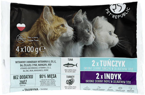 Mokra karma dla kota Steril, tuńczyk i indyk, saszetka, (4x100g) PetRepublic