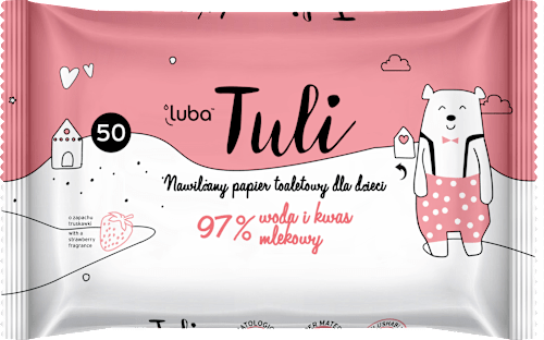 Papier toaletowy nawilżany dla dzieci, 97% woda i kwas mlekowy luba