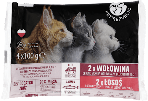 Mokra karma kota Adult, łosoś i wołowina, saszetka, (4x100g) PetRepublic
