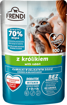 Mokra karma dla kota, kawałki w sosie z królikiem, saszetka FRENDI