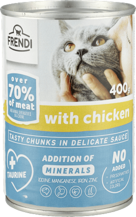 Mokra karma dla kota, kawałki w sosie z kurczakiem, puszka FRENDI