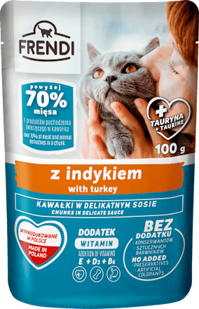 Mokra karma dla kota, kawałki w sosie z indykiem, saszetka FRENDI