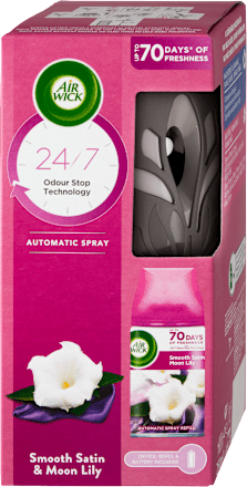 Fresh Matic automata légfrissítő készülék és utántöltő spray Bársonyos Szatén és Éji Liliom illatban Air Wick