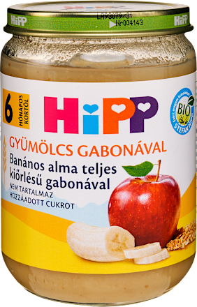 Bio bébidesszert, banános alma teljes kiőrlésű gabonával, 6 hónapos kortól HiPP