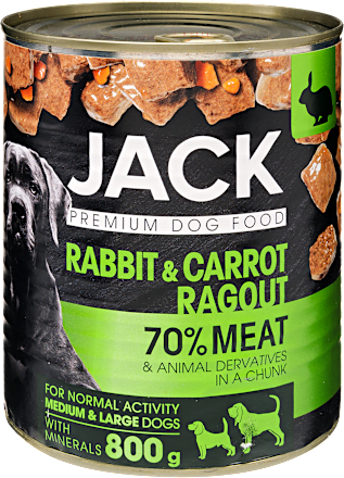 Teljes értékű állateledel, nyúl-répa ragu, felnőtt kutyáknak JACK
