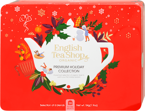 Karácsonyi bio teaválogatás piros fémdobozban, 6x6 db filter English Tea Shop