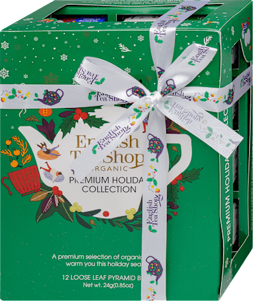 Díszdobozos teaválogatás, Karácsonyi zöld hóemberes selyempiramis filteres bio teaválogatás, 3x4 db filter English Tea Shop