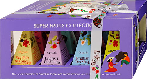 Díszdobozos teaválogatás, Gyümölcsös selyempiramis filteres bio teaválogatás, 4x3 db filter English Tea Shop