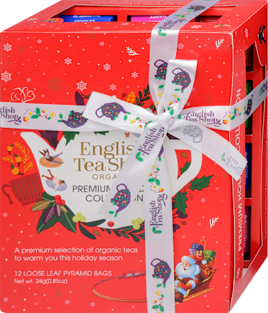 Díszdobozos teaválogatás, Karácsonyi piros mikulás selyempiramis filteres bio teaválogatás, 4x3 db filter  English Tea Shop