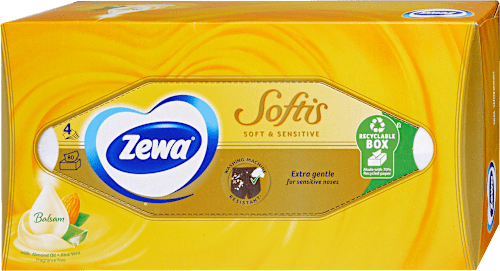 Papír zsebkendő dobozos Softis, Soft&Sensitive, 4 rétegű ZEWA