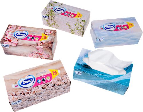 Papír zsebkendő dobozos Deluxe Design, 3 rétegű, többféle ZEWA